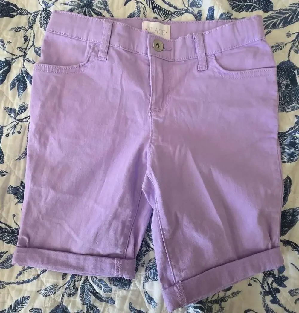 Girls Roll Cuff Twill Woven Skimmer Jean Shorts - PURPLE